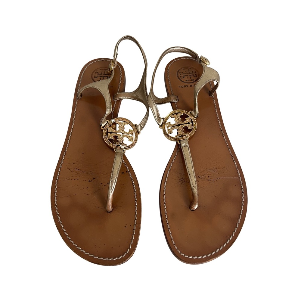 Tory Burch Miller Metallic Gold Leather Slingback Thong Sandals Size 10M